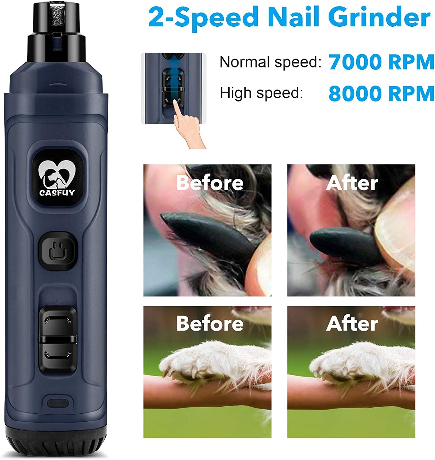 Dog Nail Grinder with 2 LED Light - New Version 2-Speed Powerful Electric Pet Nail Trimmer
