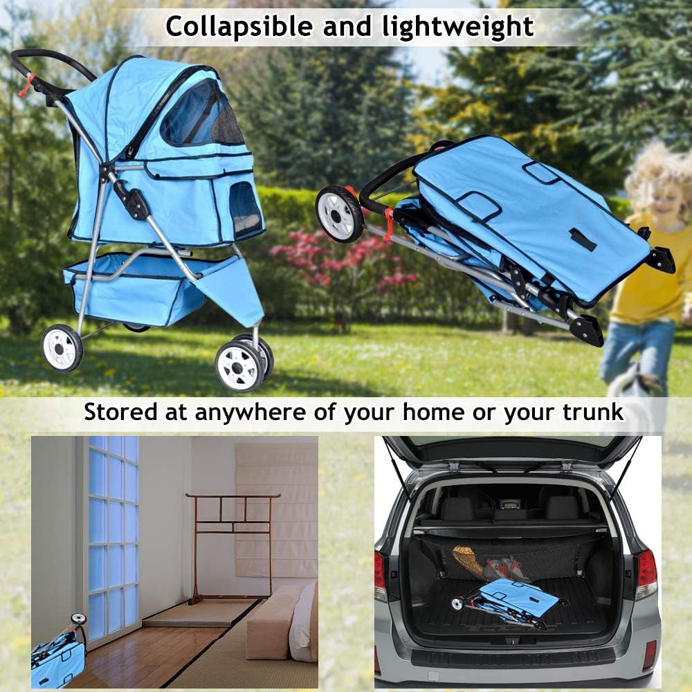 3-Wheel Pet Stroller, Lightweight Foldable Dog Stroller for Small Medium Dogs & Cats