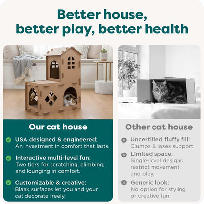 Townhouse Multi-Level Cardboard Cat House for Indoor Cats with Catnip & Toys
