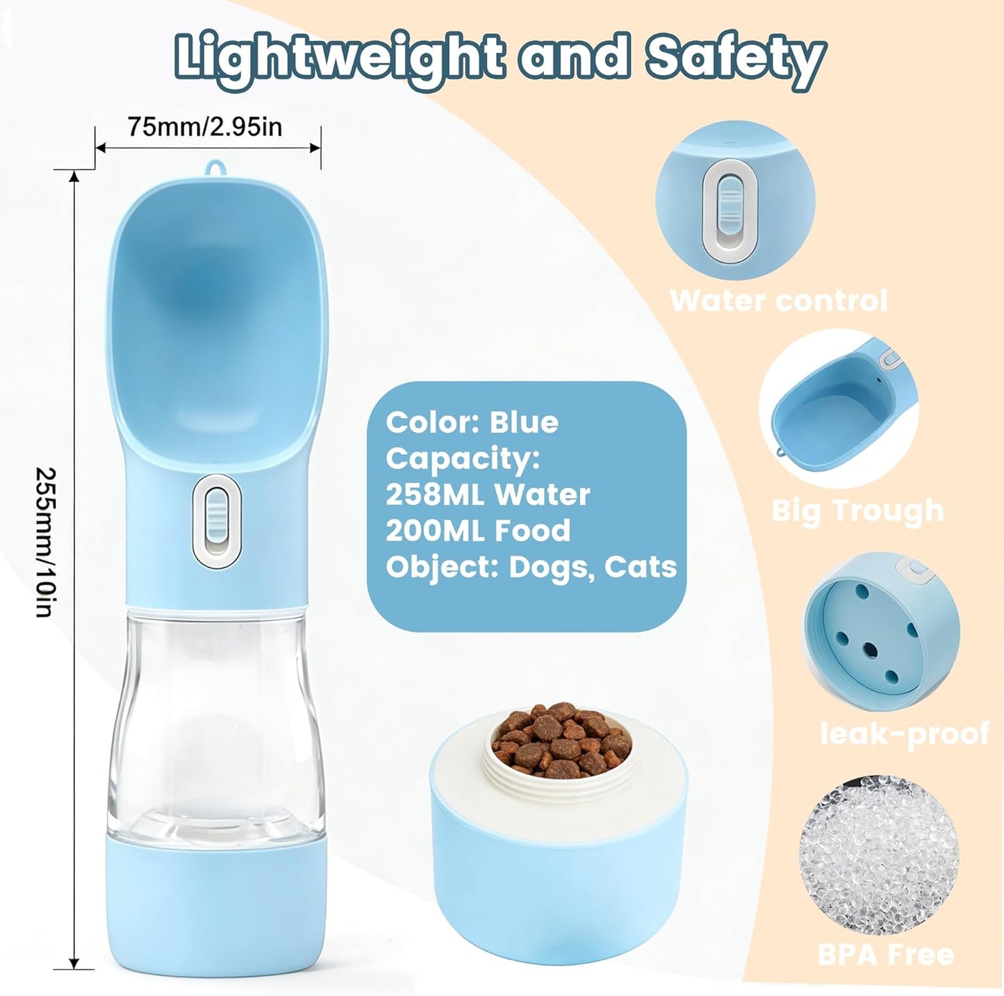 Portable Dog Water Bottle - Leak Proof Dog Water Dispenser with Bowl & Food Container, Dishwasher Safe Food Grade Plastic for Pet Puppy Outdoor Walking Hiking Travel Blue