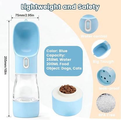 Portable Dog Water Bottle - Leak Proof Dog Water Dispenser with Bowl & Food Container, Dishwasher Safe Food Grade Plastic for Pet Puppy Outdoor Walking Hiking Travel Blue