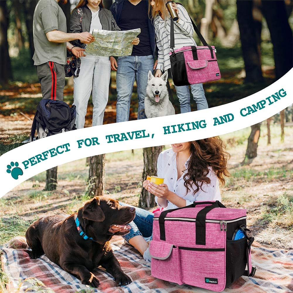 Dog Travel Bag Organizer, Pet Travel Kit with 2 Food Containers & 2 Collapsible Dog Bowls