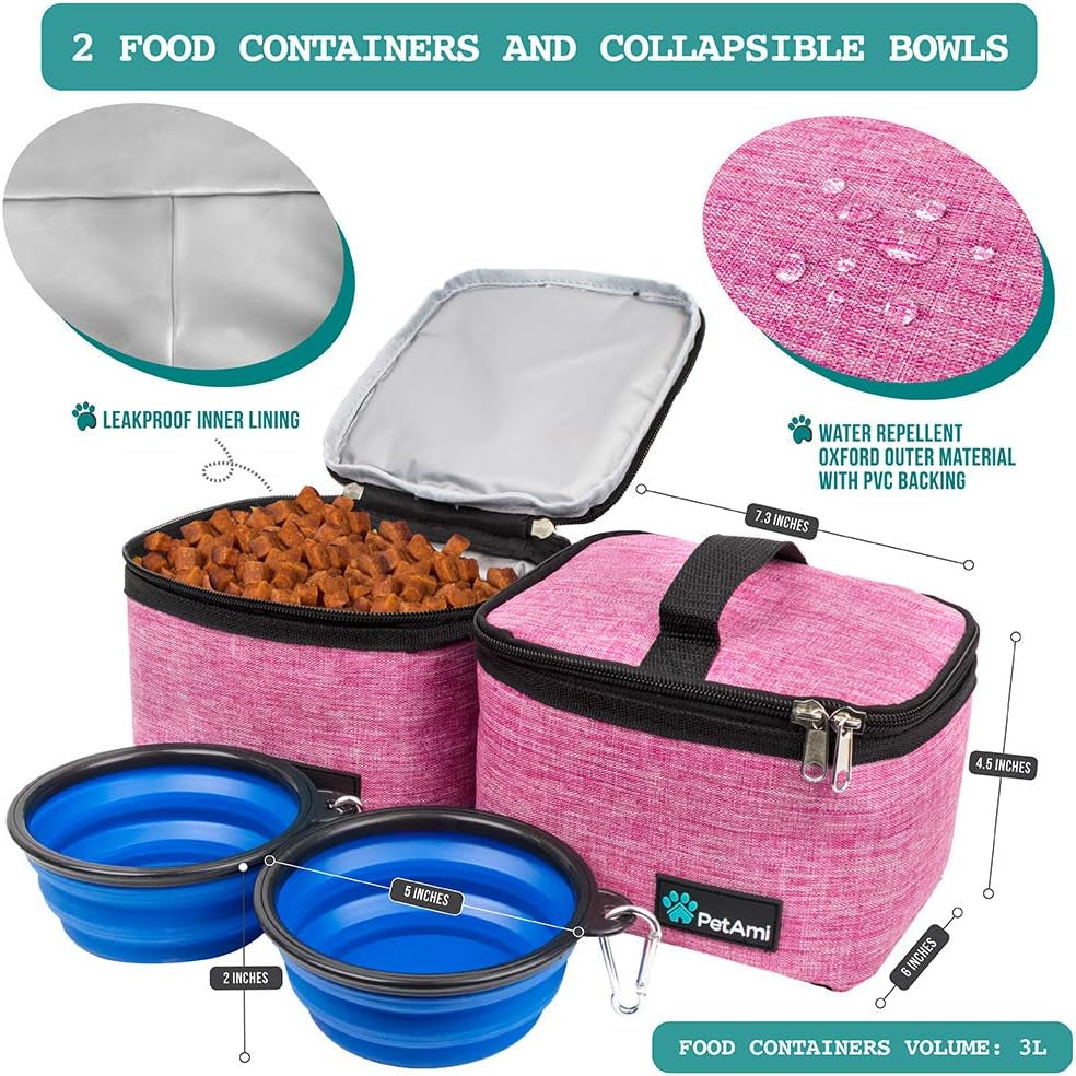 Dog Travel Bag Organizer, Pet Travel Kit with 2 Food Containers & 2 Collapsible Dog Bowls