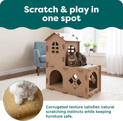 Townhouse Multi-Level Cardboard Cat House for Indoor Cats with Catnip & Toys