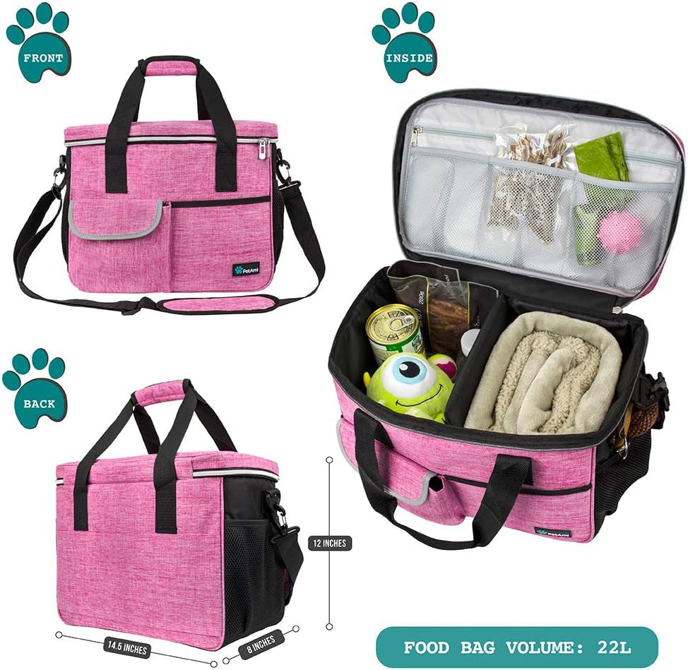 Dog Travel Bag Organizer, Pet Travel Kit with 2 Food Containers & 2 Collapsible Dog Bowls