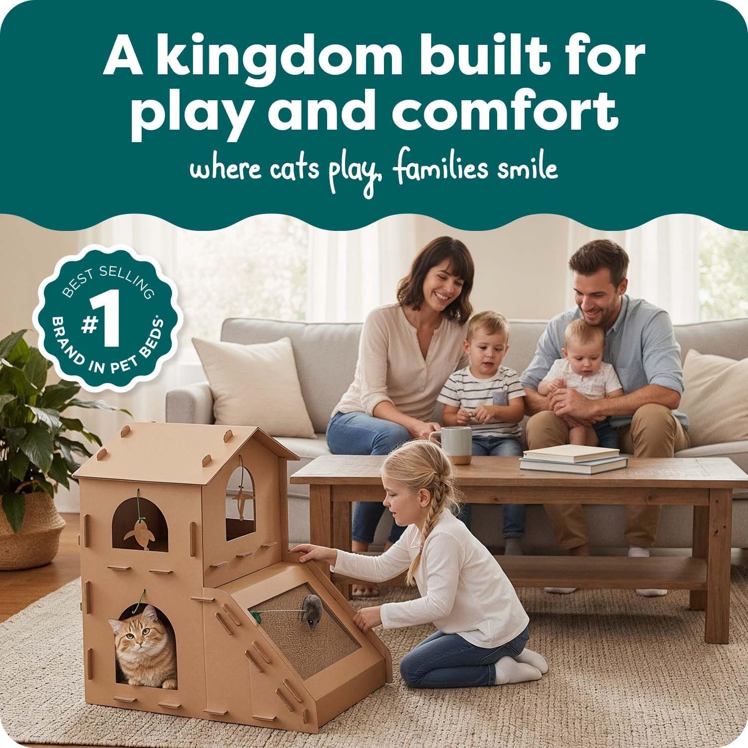 Townhouse Multi-Level Cardboard Cat House for Indoor Cats with Catnip & Toys
