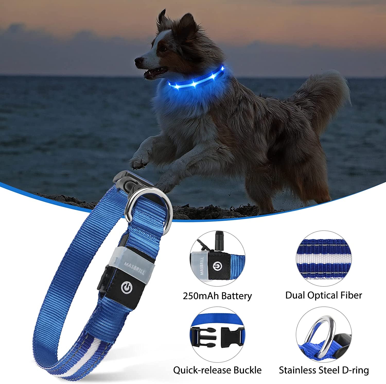 Led Dog Collar - Rechargeable, Water-Resistant, Flashing, Glowing, Night Walking Collar for Dogs.