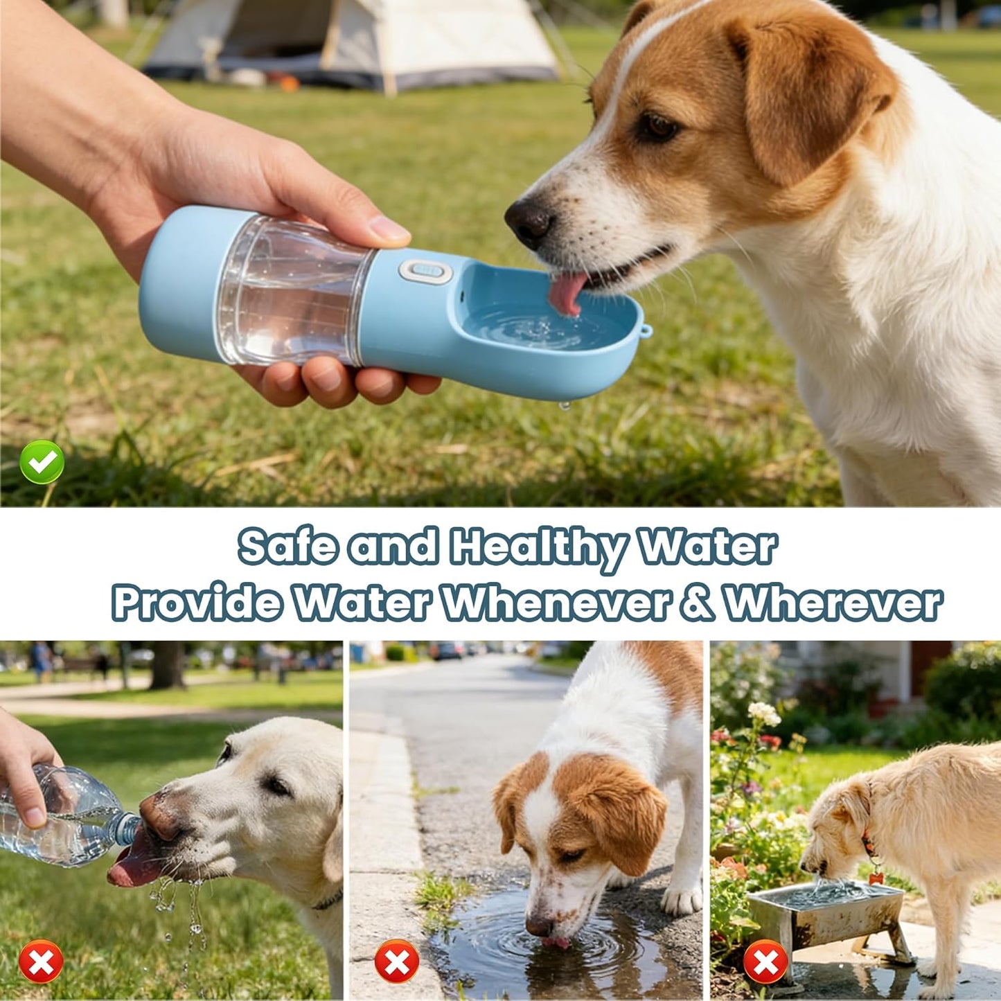 Portable Dog Water Bottle - Leak Proof Dog Water Dispenser with Bowl & Food Container, Dishwasher Safe Food Grade Plastic for Pet Puppy Outdoor Walking Hiking Travel Blue