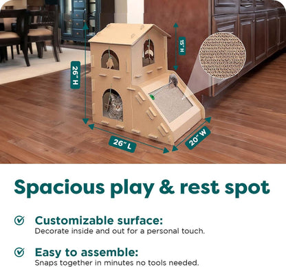 Townhouse Multi-Level Cardboard Cat House for Indoor Cats with Catnip & Toys