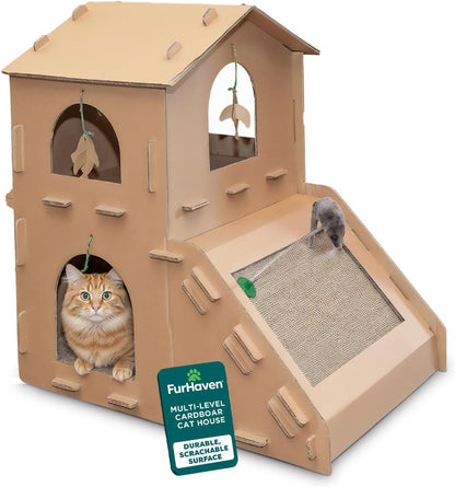 Townhouse Multi-Level Cardboard Cat House for Indoor Cats with Catnip & Toys