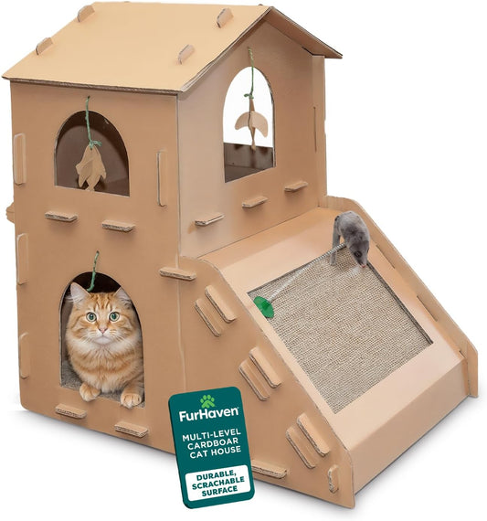 Townhouse Multi-Level Cardboard Cat House for Indoor Cats with Catnip & Toys