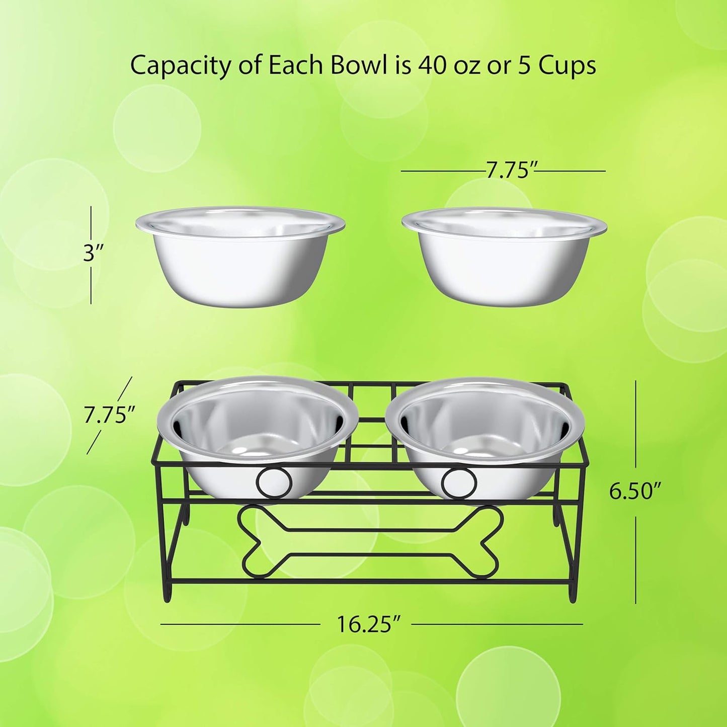 Set of 2 Stainless Steel Dog Bowls - 40Oz Pet Bowls with Decorative Dog Food Stand