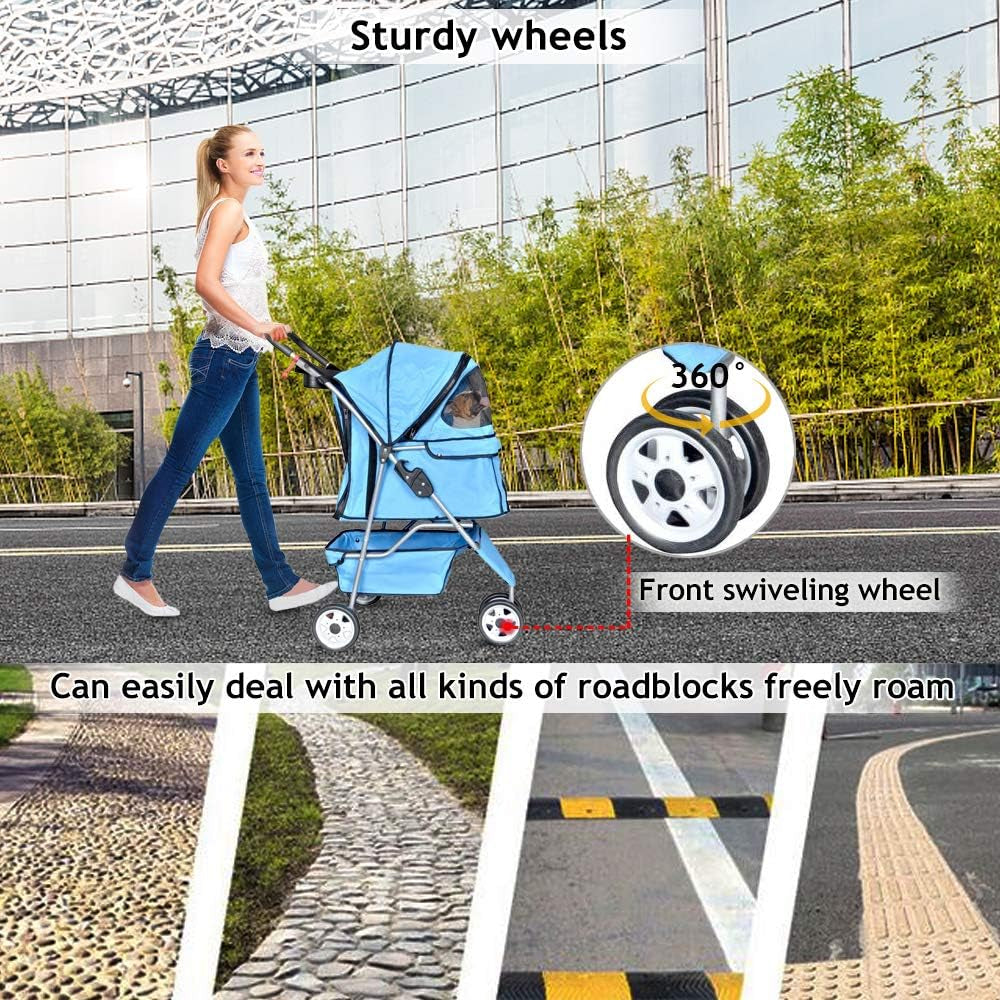 3-Wheel Pet Stroller, Lightweight Foldable Dog Stroller for Small Medium Dogs & Cats