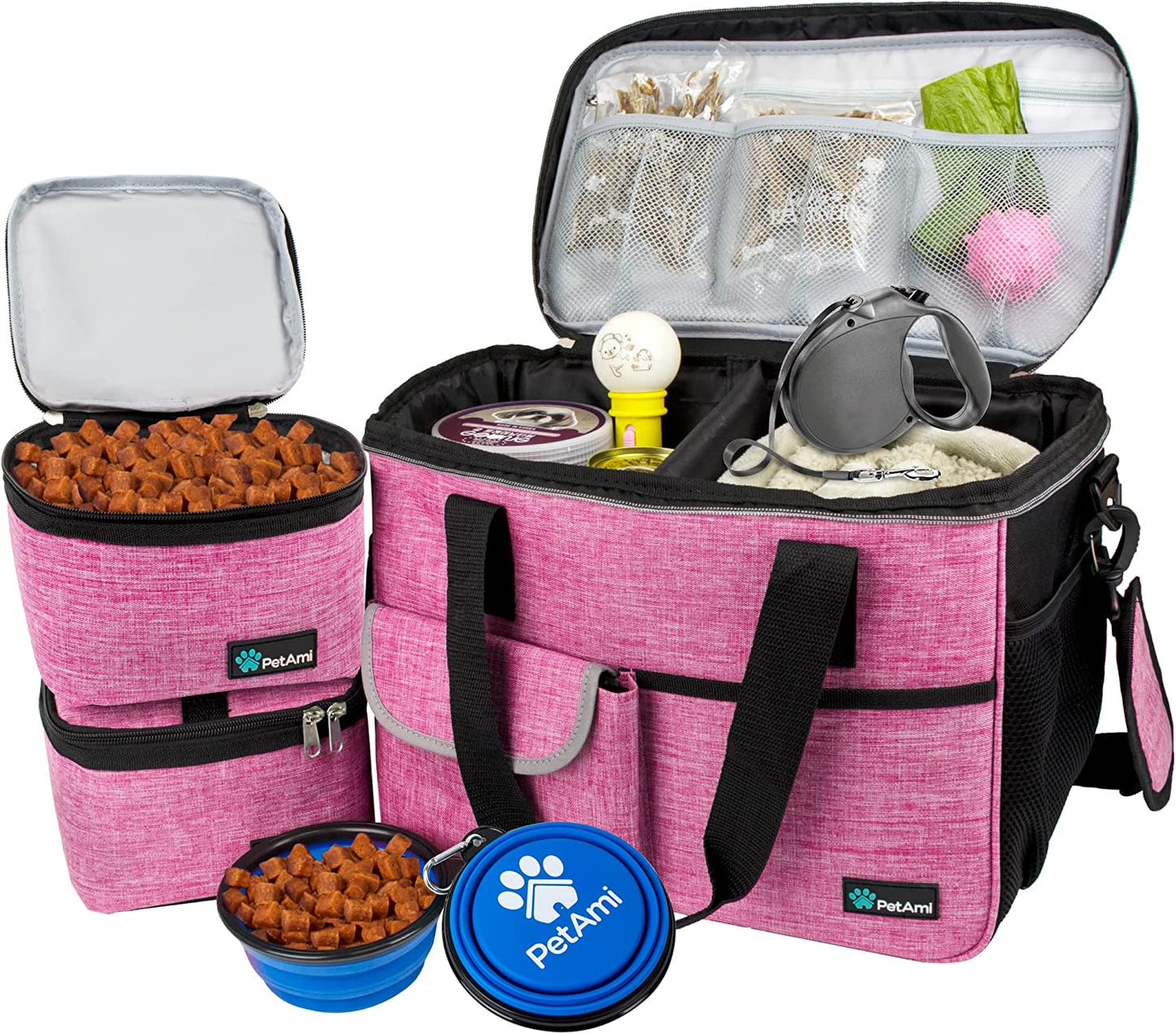 Dog Travel Bag Organizer, Pet Travel Kit with 2 Food Containers & 2 Collapsible Dog Bowls