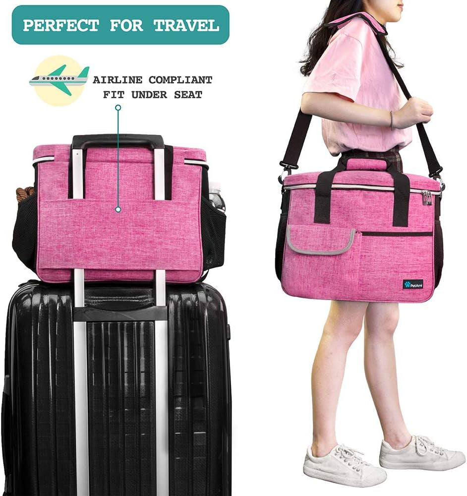Dog Travel Bag Organizer, Pet Travel Kit with 2 Food Containers & 2 Collapsible Dog Bowls
