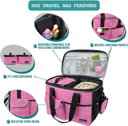 Dog Travel Bag Organizer, Pet Travel Kit with 2 Food Containers & 2 Collapsible Dog Bowls