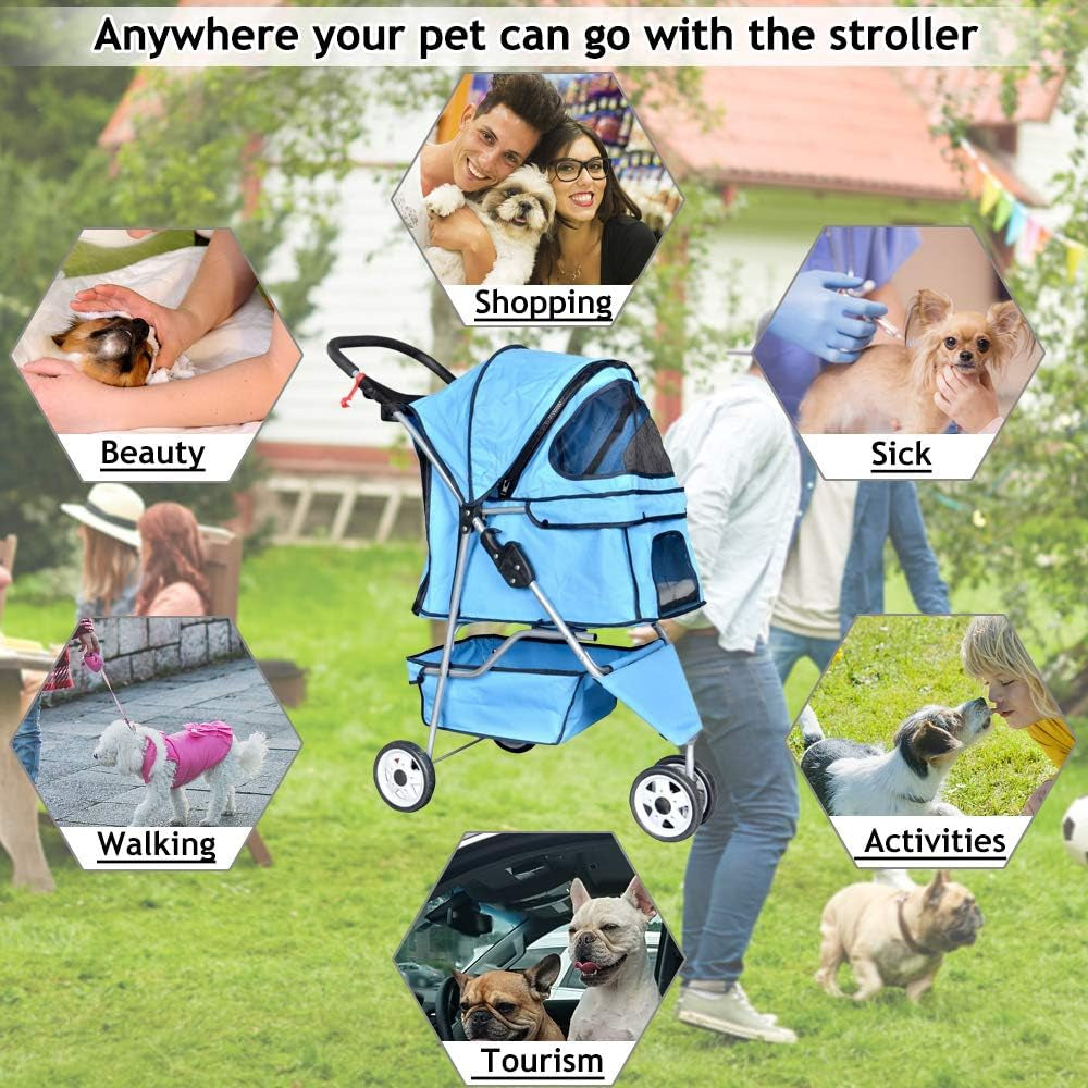 3-Wheel Pet Stroller, Lightweight Foldable Dog Stroller for Small Medium Dogs & Cats