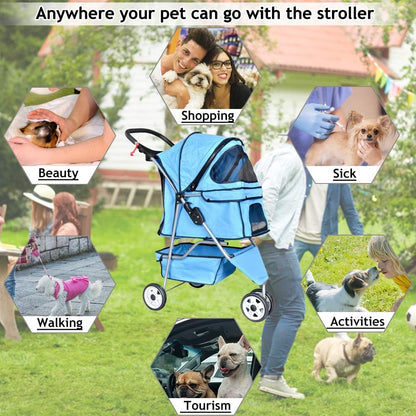 3-Wheel Pet Stroller, Lightweight Foldable Dog Stroller for Small Medium Dogs & Cats
