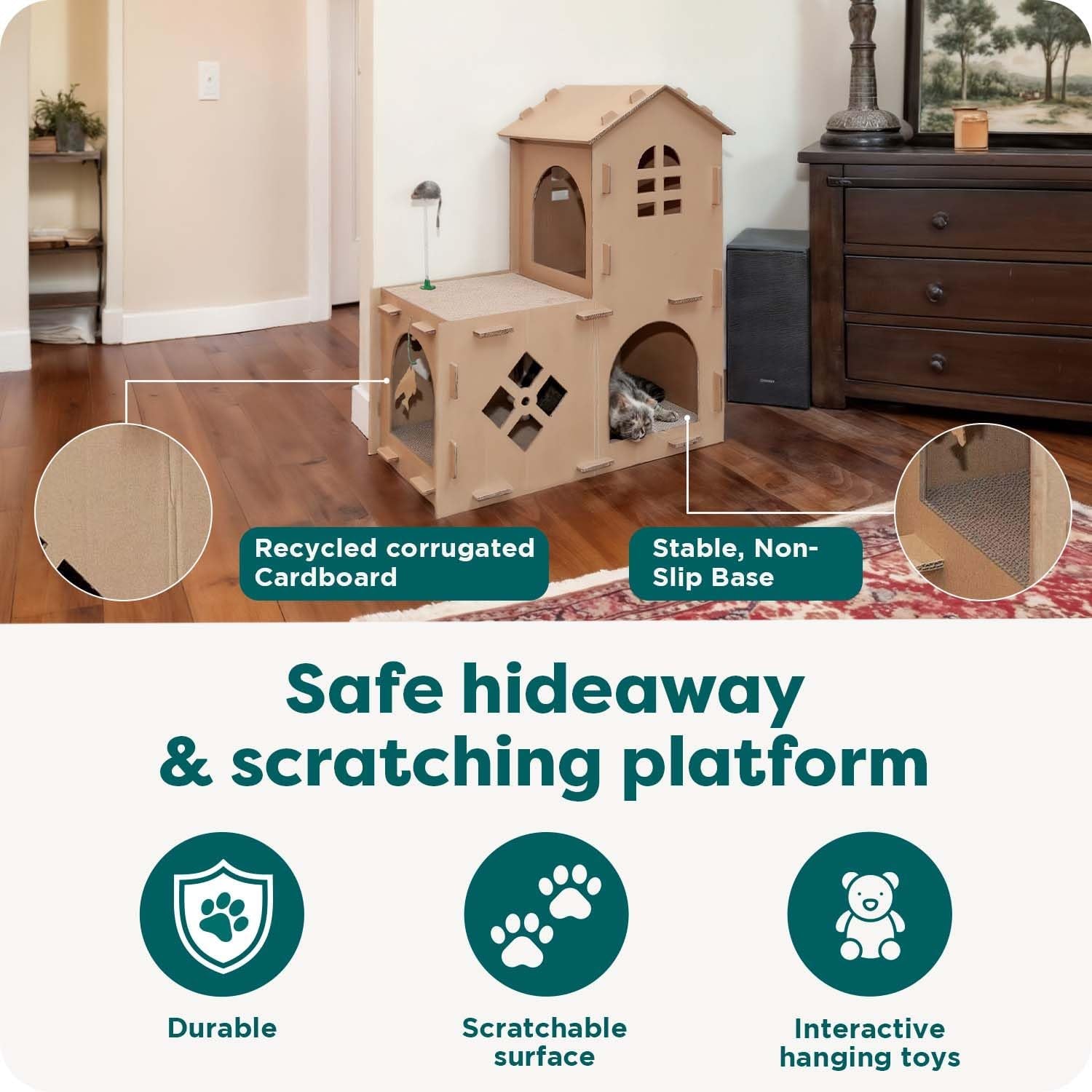 Townhouse Multi-Level Cardboard Cat House for Indoor Cats with Catnip & Toys