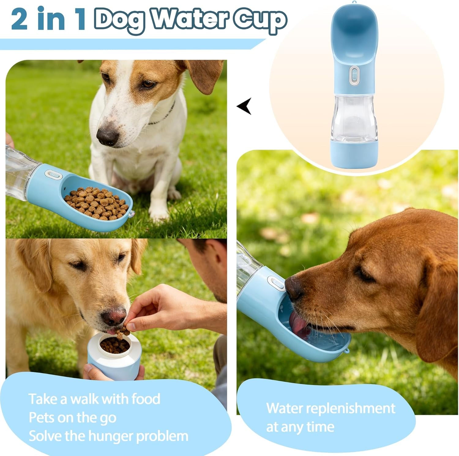 Portable Dog Water Bottle - Leak Proof Dog Water Dispenser with Bowl & Food Container, Dishwasher Safe Food Grade Plastic for Pet Puppy Outdoor Walking Hiking Travel Blue